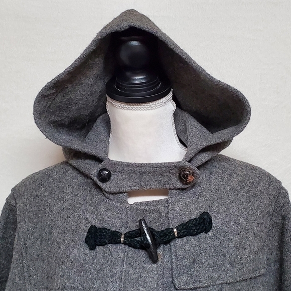 RARE Vintage 1970s Woolrich Woman Gray Wool Hooded Toggle Button Trenchcoat L - Picture 5 of 16
